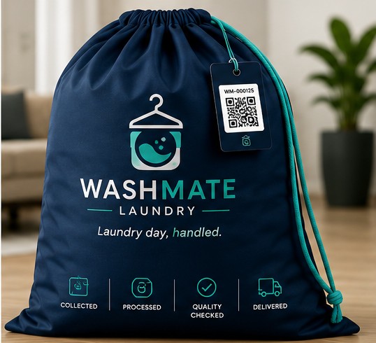 Navy Washmate laundry bag with teal drawstring and a QR-coded bag tag reading WM-000125